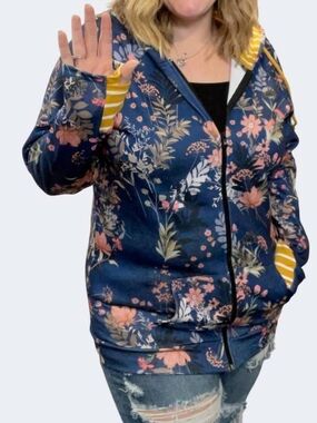 Michelle Mae Floral Navy Zip-Up Hoodie Jacket with Yellow Stripe Accents